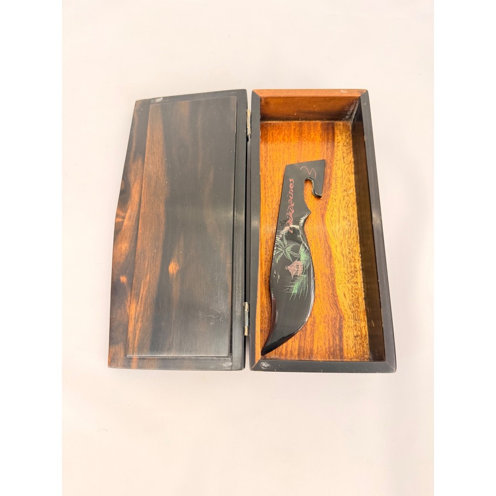 Vintage Philippines Hand Carved Buffalo Horn Letter Opener with Wooden Box